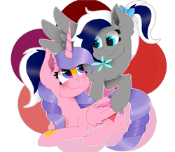 Size: 1500x1300 | Tagged: safe, artist:kathepart, oc, oc:hearty love, alicorn, pegasus, pony, blue eyes, blushing, couple, flower, hair bun, purple eyes, simple background, spread wings, transparent background, wings