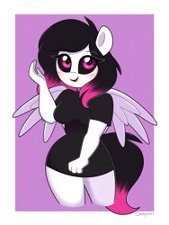 Size: 1500x2000 | Tagged: safe, artist:darkynez, oc, oc only, anthro, black sclera, clothes, looking at you, shirt, smiling, solo, spread wings, wings