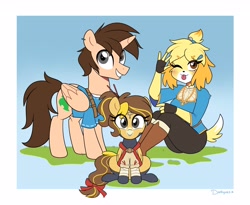 Size: 3300x2700 | Tagged: safe, artist:darkynez, oc, alicorn, dog, pony, anthro, alicorn oc, animal crossing, anthro with ponies, ass, butt, eye clipping through hair, furry, high res, horn, isabelle, looking at you, smiling, wings