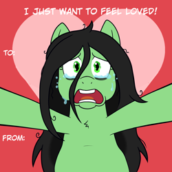 Size: 1500x1500 | Tagged: safe, artist:scraggleman, oc, oc:anon-mare, earth pony, pony, bags under eyes, chest fluff, crying, hearts and hooves day, holiday, looking at you, sad, solo, valentine's day, valentine's day card