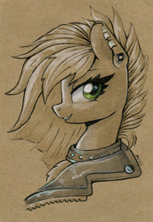 Size: 824x1200 | Tagged: safe, artist:maytee, limestone pie, earth pony, pony, g4, bust, choker, clothes, ear piercing, partial color, piercing, portrait, profile, smiling, solo, traditional art