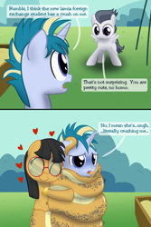 Size: 1000x1500 | Tagged: safe, artist:mightyshockwave, rumble, skeedaddle, oc, lamia, original species, pegasus, pony, unicorn, g4, asphyxiation, coils, colt, comic, constriction, dialogue, foal, freckles, glasses, male, playground