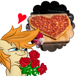 Size: 1000x1000 | Tagged: safe, artist:pizzamovies, oc, oc only, oc:pizzamovies, earth pony, pony, bouquet of flowers, floating heart, flower, food, heart, male, meat, pepperoni, pepperoni pizza, pizza, rose, simple background, smug, solo, stallion, thought bubble, transparent background