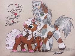 Size: 4080x3060 | Tagged: safe, artist:carty, artist:reekosukanku, oc, oc:carty, oc:donut daydream, earth pony, pony, unicorn, baby, beautiful, bust, colored, colored pencil drawing, colt, cute, detailed, donut, family, female, filly, foal, food, gift art, kids, love, lovely, male, mare, portrait, simple background, size difference, sprinkles, stallion, traditional art