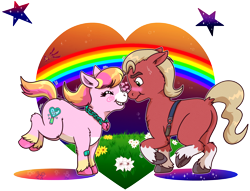 Size: 1840x1404 | Tagged: safe, artist:scorpio-gustavo, sprout cloverleaf, oc, oc:malarkey, earth pony, pony, g5, blushing, canon x oc, duo, heart, male, nonbinary, ponysona, rainbow, shipping, simple background, stallion, transparent background