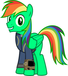 Size: 847x944 | Tagged: safe, artist:php170, oc, oc only, oc:oliver, pegasus, pony, fallout equestria, clothes, fallout, jumpsuit, male, pegasus oc, pipboy, ponytail, simple background, smiling, solo, stallion, tail, transparent background, vault suit, vector, wings