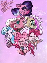 Size: 1620x2160 | Tagged: safe, artist:enperry88, berry blend, berry bliss, bifröst, fuchsia frost, pinkie pie, silverstream, classical hippogriff, earth pony, hippogriff, pegasus, pony, series:mlp x splatoon 3, g4, bandage, bandaid, bow, clippings, clothes, cloud, collaboration, crossover, cute, decora, design, ear piercing, earring, eyes closed, food, friendship student, gritted teeth, hair bow, hairpin, happy, heart, holiday, hoodie, hoof down, jewelry, looking at you, love, piercing, pink background, pinkie pie is best facemaker, rain, raised hoof, shirt, simple background, smiling, sticker, sugar (food), sweater, sweet, teeth, tongue out, undershirt, valentine's day, xoxo
