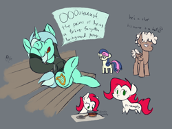 Size: 1600x1200 | Tagged: safe, artist:skookz, bon bon, lyra heartstrings, sweetie drops, oc, oc:rosebud, unnamed oc, earth pony, pegasus, pony, unicorn, fanfic:background pony, g4, bench, bon bon is not amused, clothes, cooking, dig the swell hoodie, female, hoodie, male, mare, simple background, speech bubble, stallion, stove, text, unamused