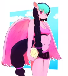 Size: 1755x1950 | Tagged: safe, artist:vague_ski3s, oc, oc:galactic lights, pegasus, anthro, belly button, clothes, pegasus oc, shorts, sports, sports bra, volleyball, wings