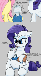 Size: 1038x1920 | Tagged: safe, artist:mrleft, part of a set, fluttershy, rarity, human, pony, unicorn, g4, belly button, blushing, chubby, clothes, holding