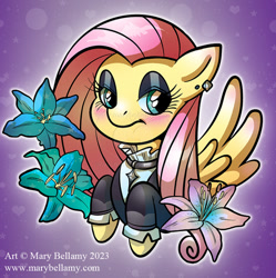 Size: 600x603 | Tagged: safe, artist:marybellamy, fluttershy, pegasus, pony, g4, blushing, clothes, dress, ear piercing, earring, eyeshadow, female, flower, fluttergoth, jewelry, makeup, mare, piercing, solo, watermark
