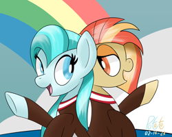 Size: 2500x2000 | Tagged: safe, artist:notadeliciouspotato, lighthoof, shimmy shake, earth pony, pony, 2 4 6 greaaat, g4, cheerleader, cheerleader outfit, clothes, duo, female, high res, looking at each other, looking at someone, mare, open mouth, open smile, raised hoof, signature, smiling