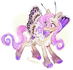 Size: 698x665 | Tagged: safe, artist:lutraviolet, fluttershy, flutter pony, pony, g4, blushing, butterfly wings, female, mare, race swap, redesign, simple background, solo, white background, winged hooves, wings