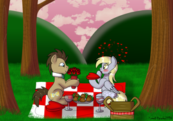 Size: 3166x2229 | Tagged: safe, artist:small-brooke1998, derpy hooves, doctor whooves, time turner, earth pony, pegasus, pony, g4, basket, blushing, boyfriend and girlfriend, commission, female, floating heart, flower, glass, heart, high res, holiday, male, mare, picnic basket, picnic blanket, ship:doctorderpy, shipping, stallion, straight, tree, valentine's day, wine glass
