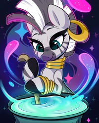 Size: 1638x2048 | Tagged: safe, artist:spindlespice, zecora, zebra, g4, bracelet, cauldron, cute, ear piercing, earring, female, jewelry, mare, neck rings, piercing, potion, potion making, smiling, solo, zecorable