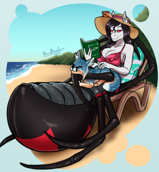 Size: 3758x4044 | Tagged: safe, artist:blackblood-queen, oc, oc only, oc:charlotte silk, drider, fox, monster pony, original species, spiderpony, anthro, anthro oc, beach, beach hat, big breasts, bikini, bikini top, book, breasts, busty oc, clothes, commission, digital art, eyebrows, female, hat, high res, lying down, mare, on back, reading, relaxing, sand, smiling, swimsuit, water