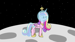 Size: 1920x1080 | Tagged: safe, artist:platinumdrop, princess cadance, alicorn, pony, g4, cadance's crown on top of helmet, crown, female, folded wings, helmet, hoof shoes, jewelry, mare, moon, on the moon, regalia, request, solo, space, space helmet, tail helmet, tiara, wings