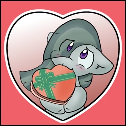 Size: 1400x1400 | Tagged: safe, artist:zutcha, marble pie, earth pony, pony, g4, :3, blushing, box of chocolates, bust, cute, eye clipping through hair, female, floppy ears, gradient background, heart, holiday, marblebetes, mare, mouth hold, solo, valentine's day
