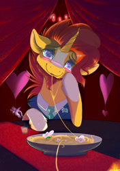 Size: 2039x2894 | Tagged: safe, artist:gobiraptor, sunburst, pony, unicorn, g4, blushing, clothes, cute, date, food, glasses, heart, hearts and hooves day, high res, holiday, looking at you, love, necktie, pasta, spaghetti, suit, valentine's day