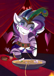 Size: 2039x2894 | Tagged: safe, artist:gobiraptor, oc, oc:clear skies ahead, zebra, blushing, cape, clothes, cute, date, feather, food, headdress, heart, hearts and hooves day, high res, holiday, looking at you, love, pasta, solo, spaghetti, valentine's day