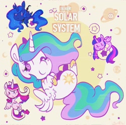 Size: 2449x2417 | Tagged: safe, artist:urbanqhoul, princess cadance, princess celestia, princess luna, twilight sparkle, alicorn, pony, g4, :<, :o, alicorn tetrarchy, chibi, cute, cutedance, cutelestia, earth, female, frown, group, high res, looking at you, lunabetes, mare, moon, open mouth, quartet, smiling, smiling at you, stars, twiabetes, twilight sparkle (alicorn)