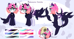 Size: 3804x1998 | Tagged: safe, artist:2pandita, oc, oc:ceviche, alicorn, original species, pony, shark, shark pony, female, reference sheet, skull, solo, tail wings