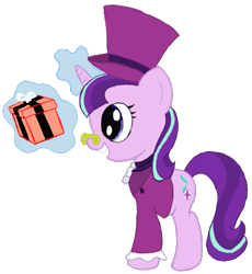 Size: 601x654 | Tagged: safe, artist:scootaloormayfly, snowfall frost, starlight glimmer, pony, unicorn, g4, clothes, glasses, glowing, glowing horn, happy, hat, horn, magic, magic aura, present, simple background, smiling, solo, telekinesis, top hat, transparent background