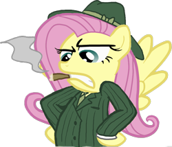 Size: 830x712 | Tagged: artist needed, safe, fluttershy, pegasus, pony, g4, angry, bipedal, blazer, cigar, clothes, fedora, gangster, hand on hip, hat, necktie, pinstripe, shirt, simple background, smoking, solo, spread wings, suit, transparent background, wings