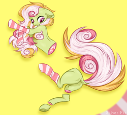 Size: 2200x2000 | Tagged: safe, artist:silverfir, oc, earth pony, pony, butt, candy, candy gore, clothes, confused, dock, fluffy, food, gore, high res, lying, plot, socks, solo, tail, underhoof