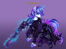 Size: 4000x3000 | Tagged: safe, artist:lianhuastardrops, part of a set, shining armor, pony, unicorn, g4, clothes, commission, cosplay, costume, crossover, fantasy class, final fantasy, final fantasy xiv, gradient background, gunblade, gunbreaker, magic, male, solo, stallion, telekinesis, weapon