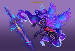 Size: 4000x2718 | Tagged: safe, artist:lianhuastardrops, part of a set, princess luna, alicorn, pony, g4, armor, clothes, commission, cosplay, costume, crossover, dark knight, fantasy class, female, final fantasy, final fantasy xiv, gradient background, levitation, magic, mare, rearing, solo, sword, telekinesis, weapon