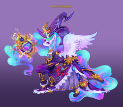 Size: 4000x3500 | Tagged: safe, artist:lianhuastardrops, part of a set, princess celestia, alicorn, pony, g4, astrologian, clothes, commission, cosplay, costume, crossover, fantasy class, female, final fantasy, final fantasy xiv, gradient background, magic, mare, planisphere, solo, tarot card, telekinesis