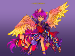 Size: 4032x3024 | Tagged: safe, artist:lianhuastardrops, part of a set, scootaloo, pegasus, pony, g4, bipedal, bipedal leaning, clothes, commission, cosplay, costume, crossover, fantasy class, female, final fantasy, final fantasy xiv, gradient background, katana, leaning, mare, older, older scootaloo, samurai, sandals, solo, sword, weapon