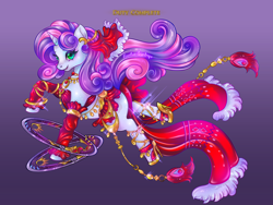 Size: 4032x3024 | Tagged: safe, artist:lianhuastardrops, part of a set, sweetie belle, pony, unicorn, g4, chakram, clothes, commission, cosplay, costume, crossover, dancer, fantasy class, female, final fantasy, final fantasy xiv, gradient background, heels on a horse, mare, older, older sweetie belle, prancing, solo, weapon