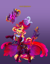 Size: 3100x4000 | Tagged: safe, artist:lianhuastardrops, part of a set, sunset shimmer, pony, unicorn, g4, clothes, commission, cosplay, costume, crossover, fantasy class, female, final fantasy, final fantasy xiv, gradient background, magic, mare, rapier, rearing, red mage, solo, sword, telekinesis, weapon