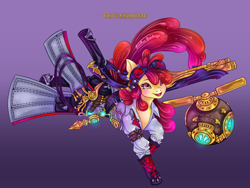 Size: 4032x3024 | Tagged: safe, artist:lianhuastardrops, part of a set, apple bloom, g4, clothes, commission, cosplay, costume, crossover, fantasy class, female, final fantasy, final fantasy xiv, gradient background, gun, machinist, mare, older, older apple bloom, solo, weapon