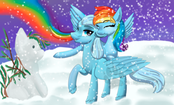 Size: 3400x2050 | Tagged: safe, rainbow dash, oc, pony, g4, canon x oc, commission, high res, rainbow trail, romantic, snow, snowfall, snowmare