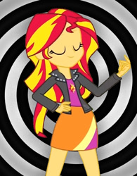 Size: 436x558 | Tagged: safe, artist:paco777yuyu, sunset shimmer, human, equestria girls, g4, clothes, cute, eyebrows, eyes closed, female, finger snap, hand on hip, hypnosis, hypnotist, jacket, leather, leather jacket, shimmerbetes, smiling, snap, solo, spiral, sunset