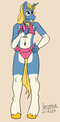 Size: 1386x2801 | Tagged: safe, artist:vesperce, oc, oc:elan, unicorn, anthro, bikini, clothes, crossdressing, cuntboy, femboy, intersex, male, swimsuit