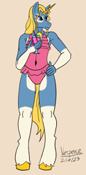 Size: 1386x2801 | Tagged: safe, artist:vesperce, oc, oc:elan, unicorn, anthro, clothes, crossdressing, cuntboy, femboy, intersex, male, one-piece swimsuit, swimsuit