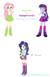 Size: 792x1218 | Tagged: safe, artist:prettycelestia, fluttershy, twilight sparkle, oc, oc:sparkleshy, human, equestria girls, g4, boots, bowtie, clothes, eyeshadow, fusion, fusion:fluttershy, fusion:twilight sparkle, fusion:twishy, high heel boots, makeup, multiple arms, school uniform, shoes, simple background, striped mane, white background