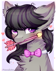 Size: 1342x1699 | Tagged: safe, artist:2pandita, octavia melody, earth pony, pony, g4, arrow, blushing, bowtie, chest fluff, ear fluff, female, heart, looking at you, mare, mouth hold, octavia's bowtie, solo