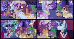 Size: 7752x4056 | Tagged: safe, artist:interstellar-quartz, princess cadance, rainbow dash, scootaloo, shining armor, spike, twilight sparkle, alicorn, dragon, pegasus, pony, unicorn, g4, absurd resolution, bowtie, buzzing wings, clothes, dress, female, hug, male, ship:scootaspike, shipping, straight, suit, tuxedo, unicorn twilight, wings