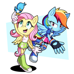 Size: 1280x1278 | Tagged: safe, artist:heytherebabu, fluttershy, rainbow dash, bird, mobian, pegasus, anthro, g4, armpits, arms in the air, boots, clothes, duo, duo female, equestria girls outfit, female, hands in the air, high heel boots, looking at you, open mouth, shirt, shoes, sleeveless, sleeveless shirt, sonic the hedgehog (series), sonicified, style emulation, tank top