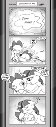 Size: 1451x3300 | Tagged: safe, artist:loreto-arts, queen chrysalis, spike, twilight sparkle, alicorn, dragon, pony, comic:friendship is innuendo, comic:friendship is innuendo vol. 2, g4, blushing, broken horn, dialogue, horn, monochrome, onomatopoeia, sound effects, speech bubble, twilight sparkle (alicorn), zzz