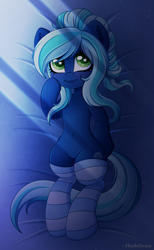 Size: 2000x3243 | Tagged: safe, artist:madelinne, oc, oc only, pegasus, pony, bed, clothes, high res, socks, solo, striped socks