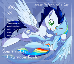 Size: 2884x2499 | Tagged: safe, artist:celedash, rainbow dash, soarin', pegasus, pony, g4, blushing, bridal carry, carrying, colt, female, foal, high res, holiday, male, mare, ship:soarindash, shipping, spread wings, stallion, straight, valentine's day, wings