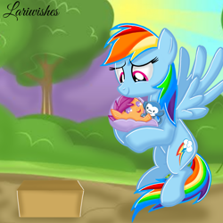 Size: 1400x1400 | Tagged: safe, artist:mlplary6, rainbow dash, scootaloo, pegasus, pony, fanfic:my little scootaloo, g4, adopted offspring, adoption, baby, baby pony, baby scootaloo, box, carrying, female, filly, flying, foal, mare, momma dash, parent:rainbow dash, scootadoption, scootalove, smiling, smiling at someone, toy, younger