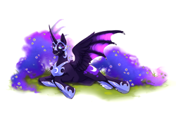 Size: 3380x2237 | Tagged: safe, artist:djkaskan, nightmare moon, alicorn, pony, g4, colored eyebrows, colored eyelashes, fangs, female, flower, flower in hair, high res, hybrid wings, lying down, mare, on side, simple background, solo, spread wings, white background, wings