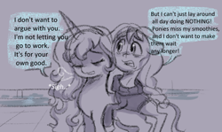 Size: 1198x715 | Tagged: safe, anonymous artist, part of a set, izzy moonbow, sunny starscout, earth pony, pony, unicorn, series:anorexic sunny, g5, anorexia, anorexic, clothes, dialogue, duo, emaciated, female, height difference, mare, oversized clothes, part of a series, physique difference, ponies riding ponies, riding, riding a pony, sigh, skinny, sunny starscout riding izzy moonbow, sweater, talking, thin